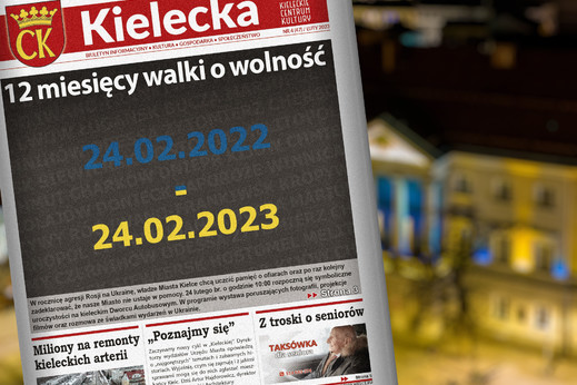 Grafika, pierwsza strona bezpłatnego biuletynu "Kielecka, w tle zdjęcie Urzędu Miasta przy Rynku