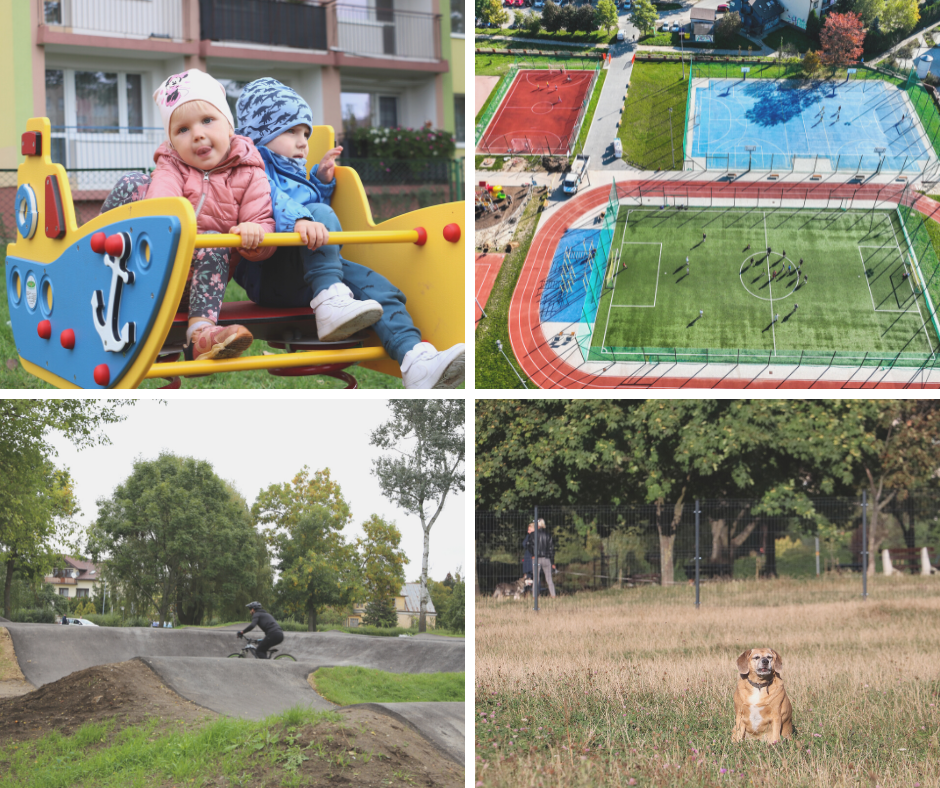 Kolaż zdjęć inwestycji zrealizowanych z KBO, dwoje dzieci na placu zabaw, boisko z lotu ptaka, Pumptrack i wybieg dla psów