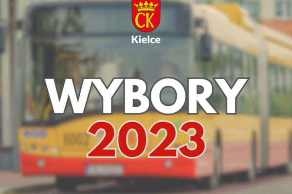 Plakat z autobusem, napis Wybory 2023