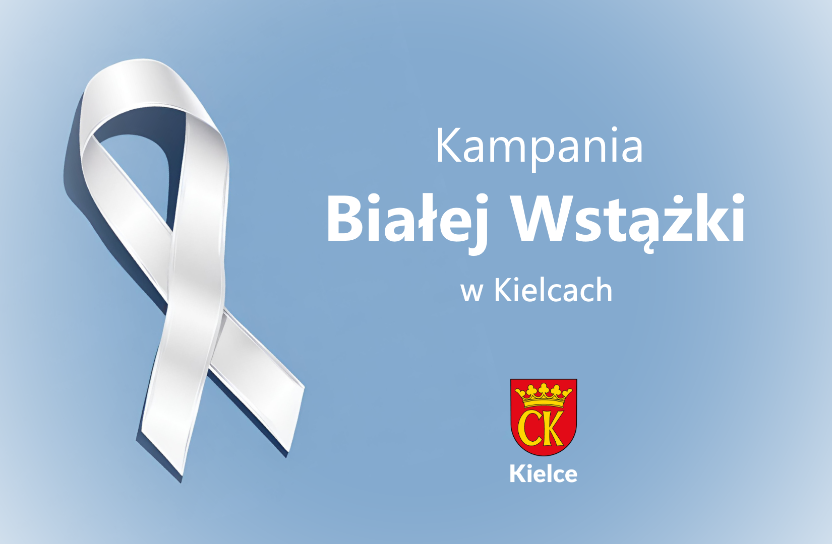 Grafika z napisem Kampania Białej Wstążki w Kielcach na niebieskim tle, Herb Miasta Kielce