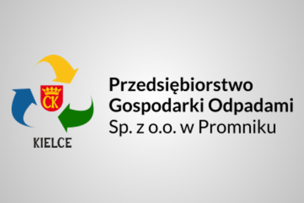 grafika; logo Przedsiębiorstwa Gospodarki Odpadami;
w środku herb Kielc, wokół niego trzy strzałki