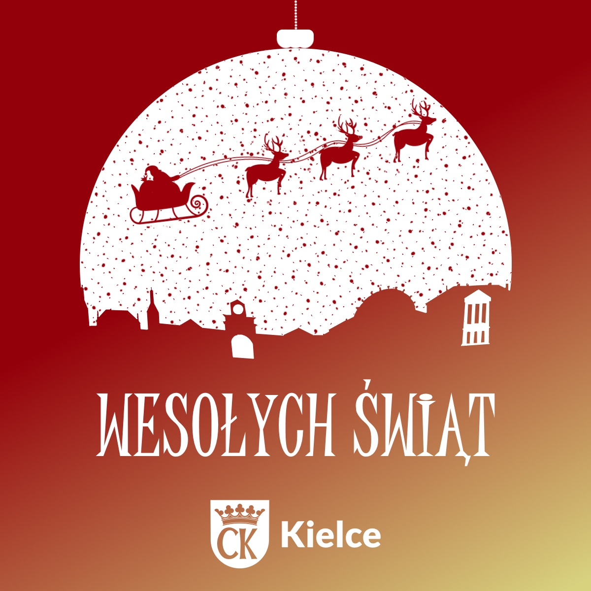 Grafika; bombka z saniami św. Mikołaja, poniżej elementy charakterystyczne dla Kielc - Urząd Miasta, Pałac Biskupów, Dworzec autobusowy i napis Wesołych Świąt