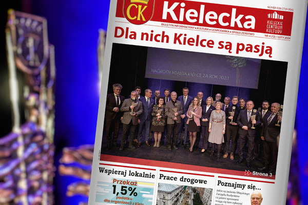 grafika poglądowa; okładka biuletynu Kielecka 4/2024, na niej laureaci Nagrody Miasta Kielce